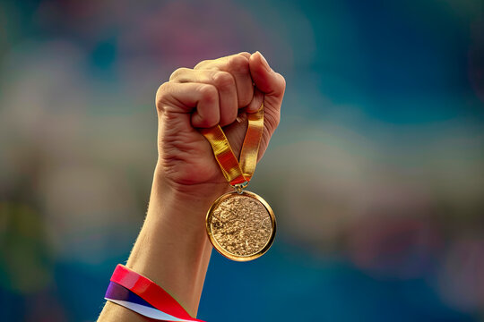 hand of a woman raising an Olympic gold medal in victory