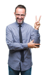Middle age hoary senior business man wearing glasses over isolated background smiling with happy face winking at the camera doing victory sign. Number two.