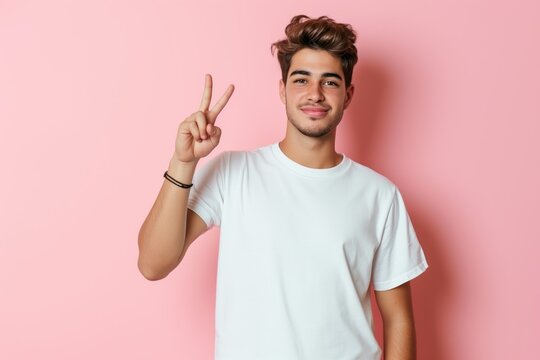 Portrait of a Young Man Showing Peace Sign in Casual White Tee. Generative AI.