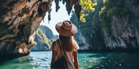 Young woman traveler with hat looking at beautiful view of Halong bay, Vietnam