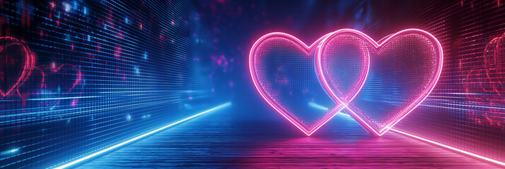 Valentine's Day and Love concept. Neon hearts on a futuristic background. Valentines day party. Digital festive art for poster, template, flier, banner or design element.