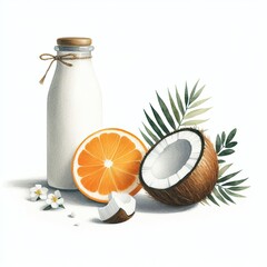Watercolor, Illustrations, White Background, Plants, Fruits, Cosmetics, Ingredients, Coconut, Orange, Art, Painting, Botanical, Colorful, Vibrant, Organic, Natural, Beauty, Skincare, Makeup, Cosmetic