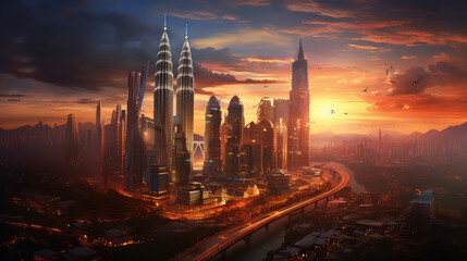Fototapeta na wymiar 3d illustration of Kuala lumpur city skyline at dusk, Kuala lumpur Malaysia