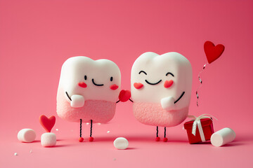 Two cute happy marshmallow celebrate St Valentine's Day
