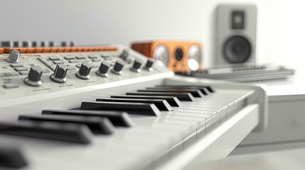 3d render of a piano keyboard with a speaker on a white background, ai generative