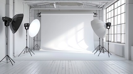 Interior of a modern photo studio with lighting equipment, ai generative