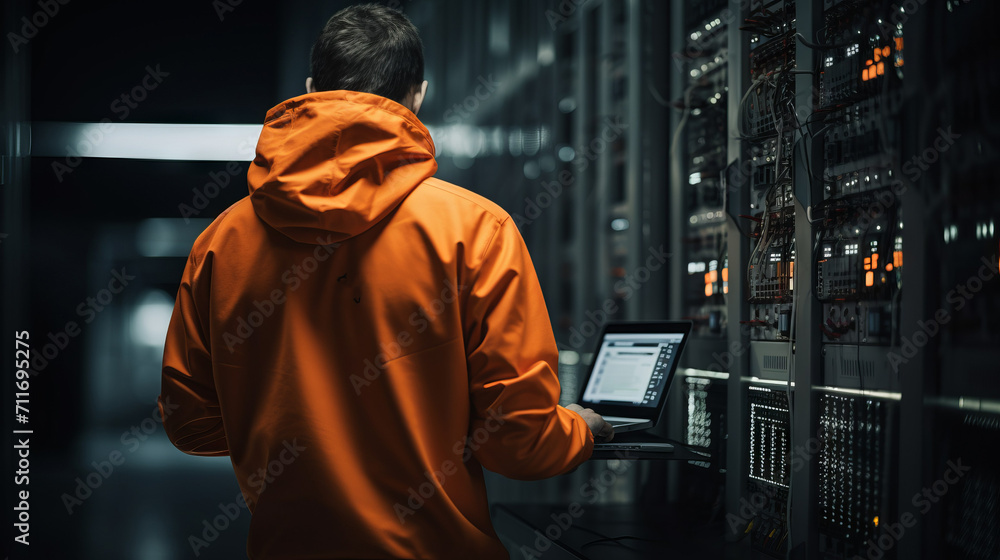 Fototapete A rear view of an IT engineer, programmer, hacker wearing an orange jacket, working with a tablet in the server room of a high-tech company. Cybersecurity, Artificial Intelligence Concepts.