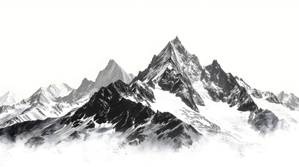 Black and white hand drawn pencil sketch of a mountain landscape with rocky peaks in a graphic style on a white background, silhouette concept.