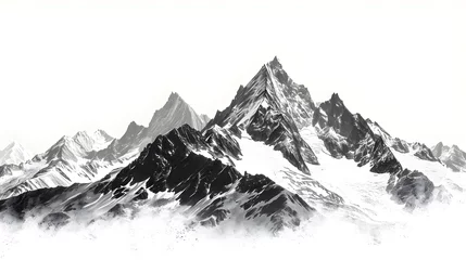 Fotobehang Black and white hand drawn pencil sketch of a mountain landscape with rocky peaks in a graphic style on a white background, silhouette concept. © NE97