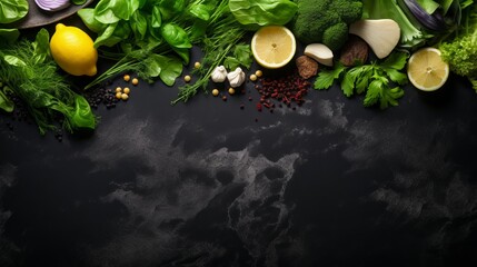 Green salad with leaves, vegetables, seeds, and olive oil on black stone   top view, space for text