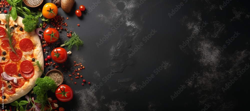 Poster delicious pizza on black stone with top view and ingredients empty space for text on left side