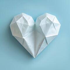 The stark white of the geometric heart creates a striking contrast against the soft blue background.
