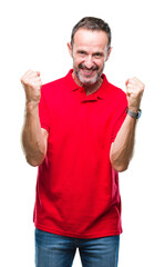 Fototapeta premium Middle age hoary senior man over isolated background celebrating surprised and amazed for success with arms raised and open eyes. Winner concept.
