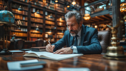 Mature, experienced, senior, lawyer, businessman signing a document, studying, working on a written document in office, library
