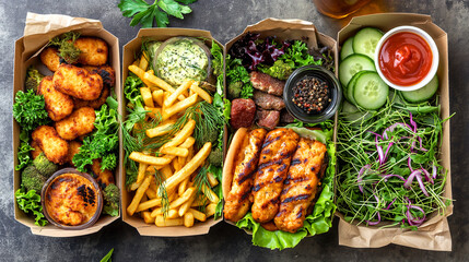various takeout food boxes with fish sticks, fries, sausages, grilled chicken, a green salad, cucumber, and dipping sauces on a dark surface