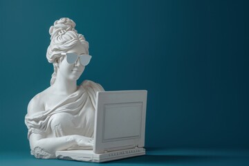 Greek woman white plaster statue programming on laptop, wear sunglasses