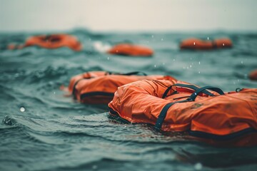 Orange life jacket floating in sea. Emergency rescue equipment. The disaster of the ship sinking and life jackets floating unused - obrazy, fototapety, plakaty
