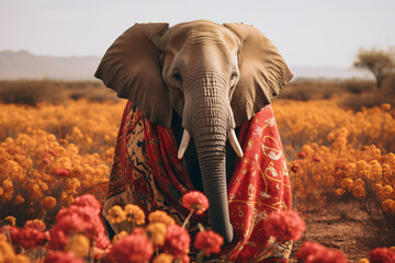 elephant with flower shawl - obrazy, fototapety, plakaty