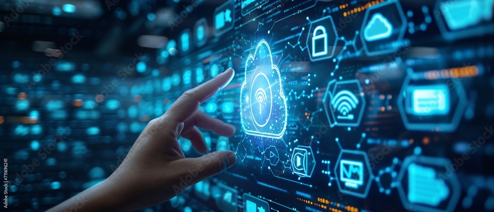 Poster a person interacts with a futuristic holographic cloud computing interface, depicting advanced digit