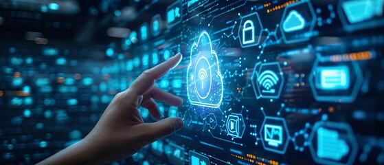 A person interacts with a futuristic holographic cloud computing interface, depicting advanced digital connectivity and data management.
