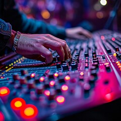 The audio mixer, lit by the soft light of sunset, sets the stage for a memorable musical performance.
