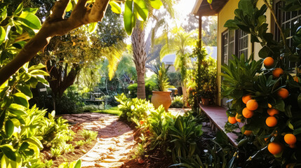 Obraz premium Embrace the beauty of a lush green garden in spring, featuring an orange tree. This picturesque image captures the essence of farming and makes for a wonderful wallpaper.