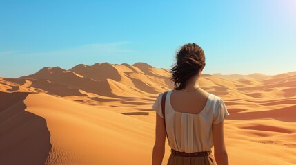 Woman from behind, looking at a vast desert landscape generative ai