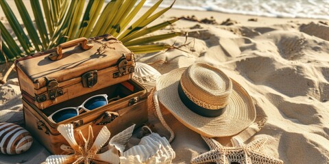 Fototapeta premium Vacation and travel concept. Suitcase, straw hat, sunglasses, seashells on sandy beach.