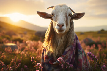 goat with flower shawl - obrazy, fototapety, plakaty