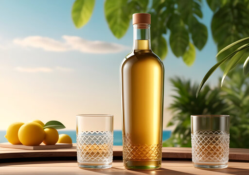 3d rendering of bottle, glass, cup and demonstration for product, demo, backdrop, mockup, daylight, nature, beige.  Generative AI
