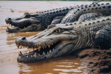 Obraz premium Crocodiles at Kachikally Crocodile Pool, The Gambia