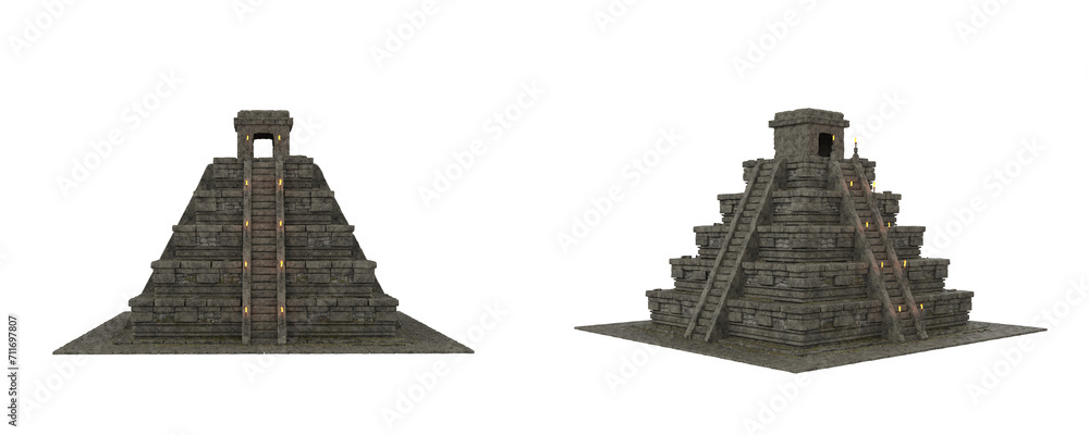Poster ancient aztec or mayan pyramid. isolated 3d illustration from 2 angles.