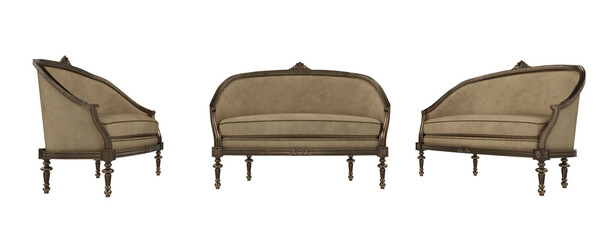 Vintage style sofa with beige upholstery. Isolated 3D illustration set of 3 different angles.