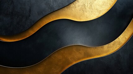 Elegant abstract design of undulating golden waves on a deep, dark textured background.
