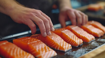 Close up of a hands preparing Salmon, Generate by AI - obrazy, fototapety, plakaty