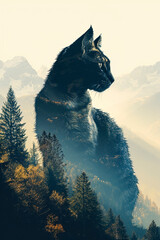 Majestic Cat Overlooking Misty Forest Mountains created with Generative AI technology