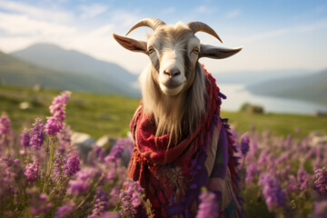goat with flower shawl - obrazy, fototapety, plakaty