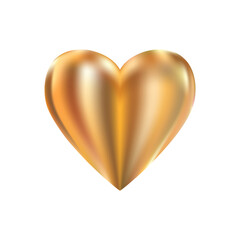 Golden realistic heart icon on white background. 3d vector illustration.