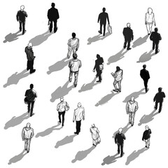 axonometric people, black and white, sketch outline, transparent background