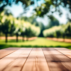 Wooden table and blurred background of summer park with bokeh