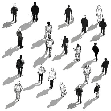 Isometric Set Of People, Black And White, Sketch Outline, Transparent Background, Crowd Silhouettes, Architectural Illustration