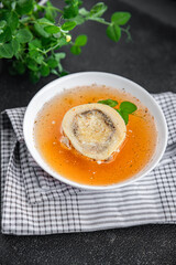 bones bouillon beef broth first course fresh healthy eating cooking appetizer meal food snack on the table copy space food background rustic top view 