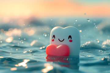 A little cute marshmallow is swimming to find his true love - obrazy, fototapety, plakaty