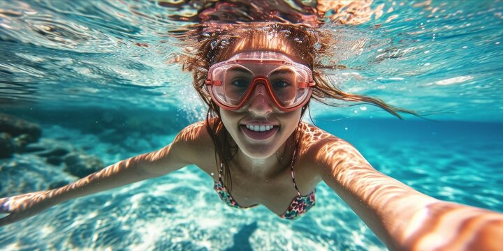 Young woman in snorkeling mask swimming underwater in tropical sea