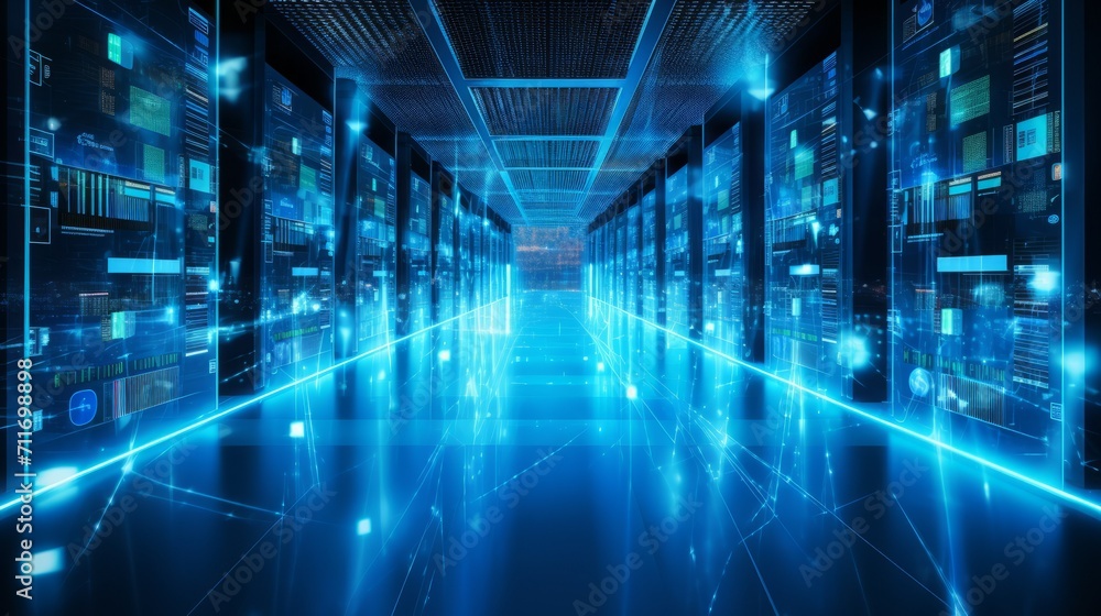 Poster a large server room of a high-tech company. digital information, data center, cybersecurity, artific