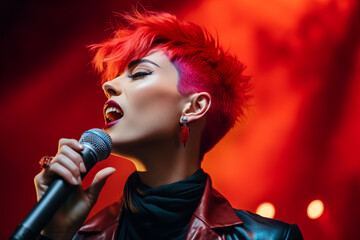 Young Woman with Pink Short Hair Singing a Song on Stage