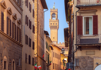 Palazzo Vecchio and Arnolfo Tower in Florence early in the morning.