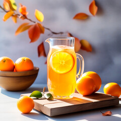 Naklejka premium Fresh orange juice in a glass and oranges on a wooden background.