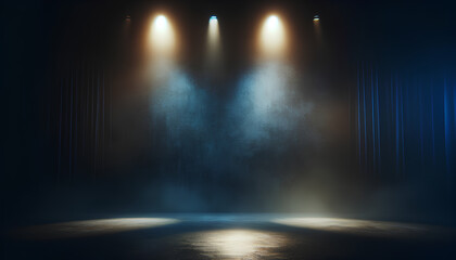 A wide, cinematic shot of an empty stage with atmospheric lighting. The background features - obrazy, fototapety, plakaty