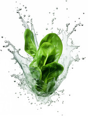 Spinach Leaves Falling on a White Background With a Splash of Water